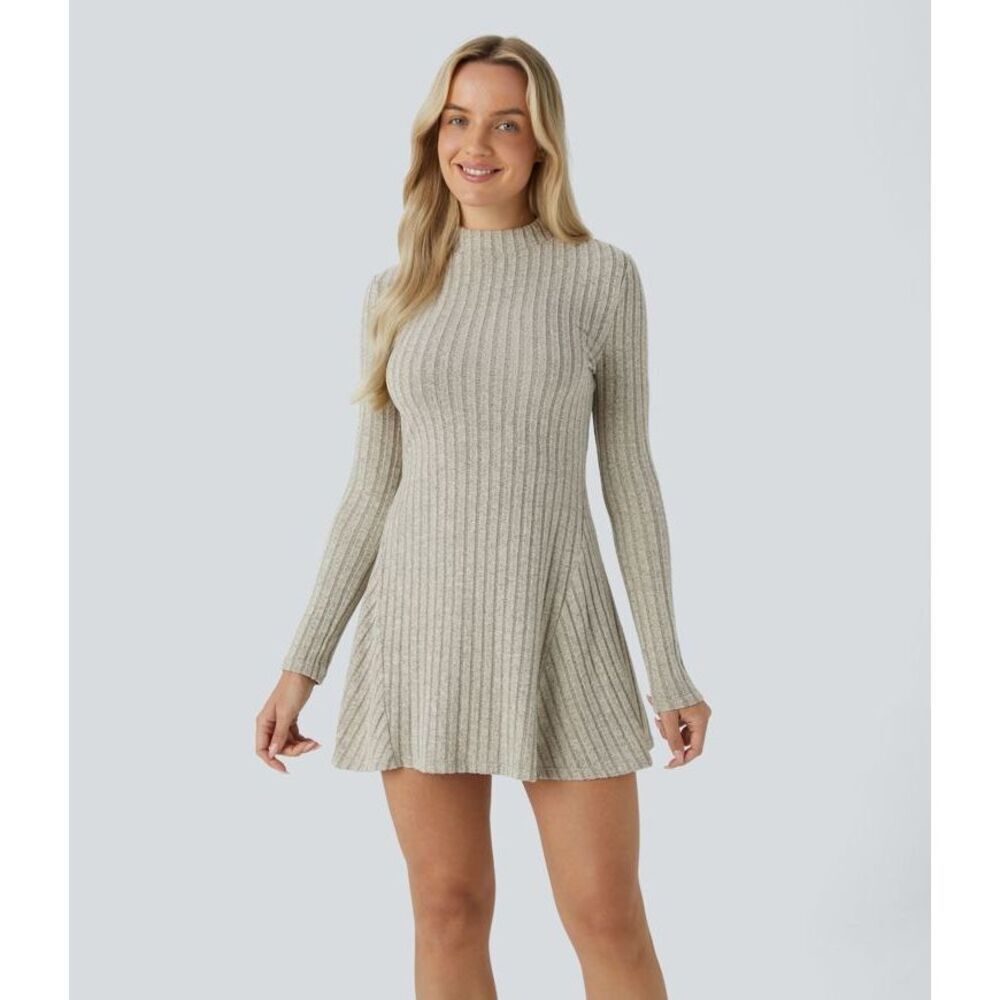 Halara Ribbed Knit Stand Collar Long Sleeve Mini Dress Warm Grey Velvet XS NWT